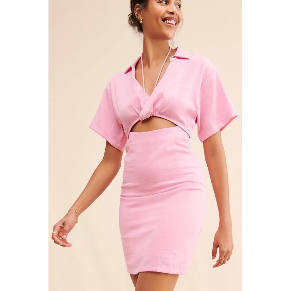 Vero Moda Regitze Pink Linen Blend Cutout Knot Front  Dress Size L